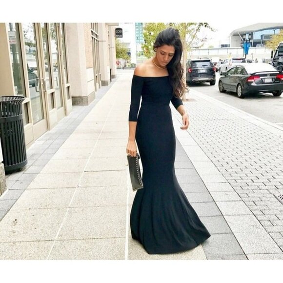 Norma Kamali Off the Shoulder Fishtail Gown in Black maxi dress